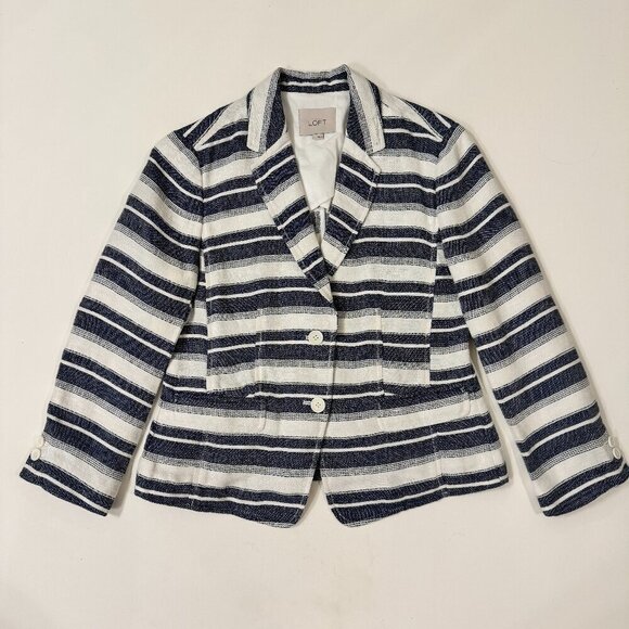 Loft - Linen Blend Striped Summer Blazer in Blue & White - Picture 1 of 8